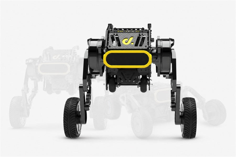 DIABLO direct-drive self-balancing wheeled-leg robot shown in standing mode with a ghosted creeping-mode outline in the background