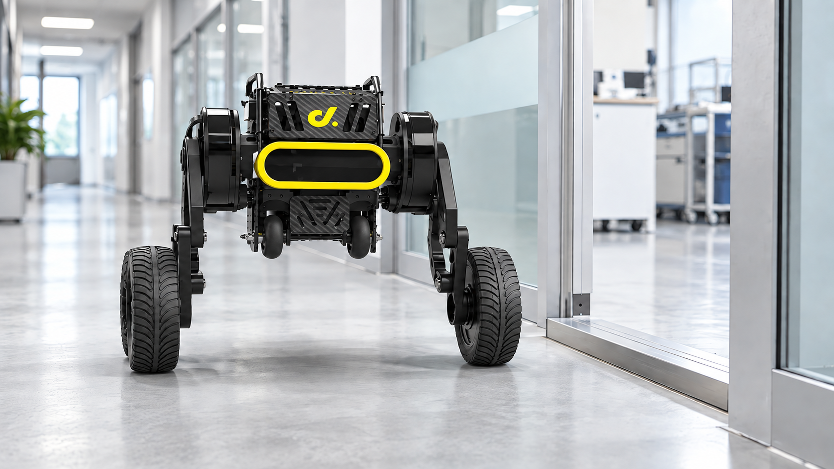 DIABLO wheeled-leg robot standing near an indoor doorway.