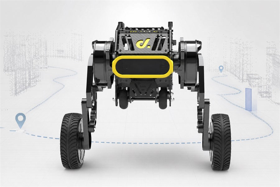 Front view of a Diablo direct-drive wheeled-leg robot navigating a mapped route with waypoint and point cloud overlays.