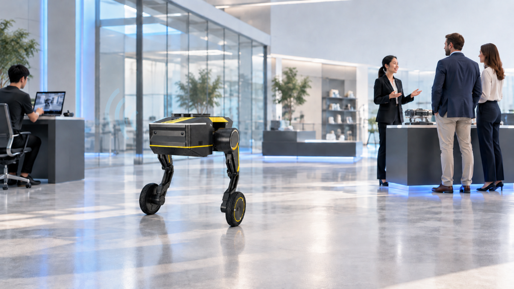 TITA reception robot supports staff-led visitor interaction with mobile positioning, live video and speaker output in a showroom.