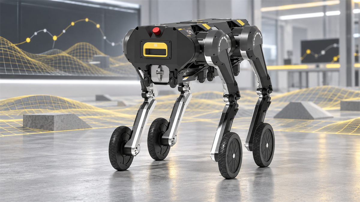 D1 wheel-legged quadruped in a robotics lab with projected flat and rough MJLab terrain for reinforcement learning research.