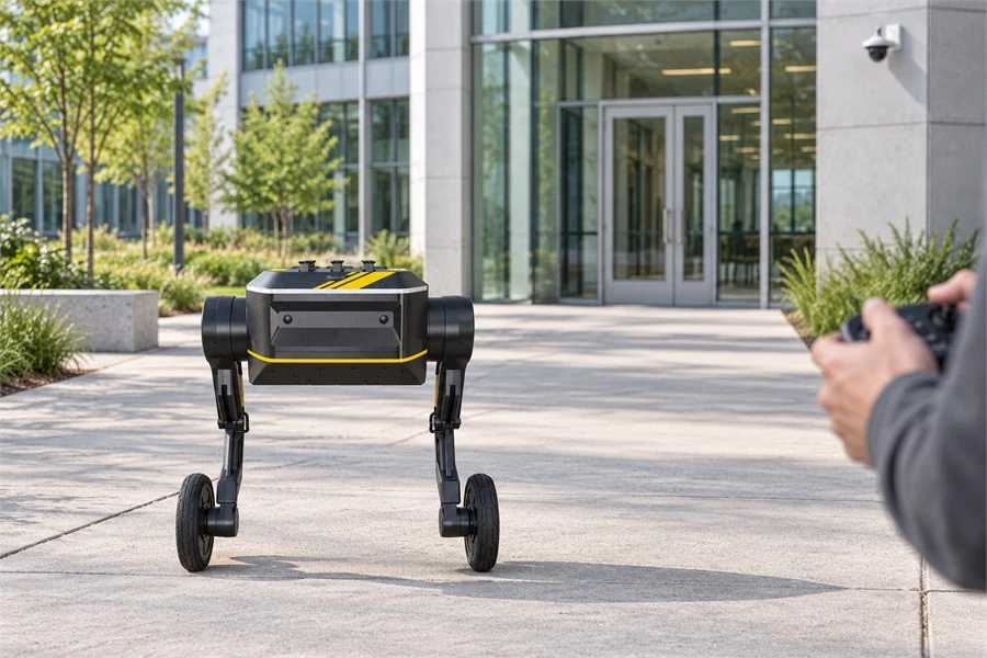 TITA robot on a research campus walkway, with a fixed security camera and an operator’s hands holding a controller.